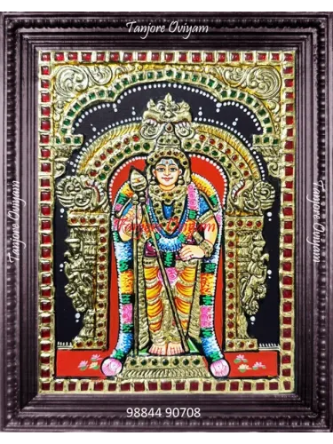 Lord Thiruchendur Murugan Tanjore painting standing temple arch gold foil artwork